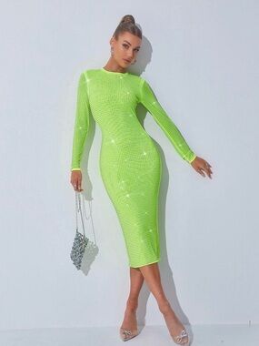 Mew Mews Neon Lime Green Long-Sleeve Bodycon Midi Dress